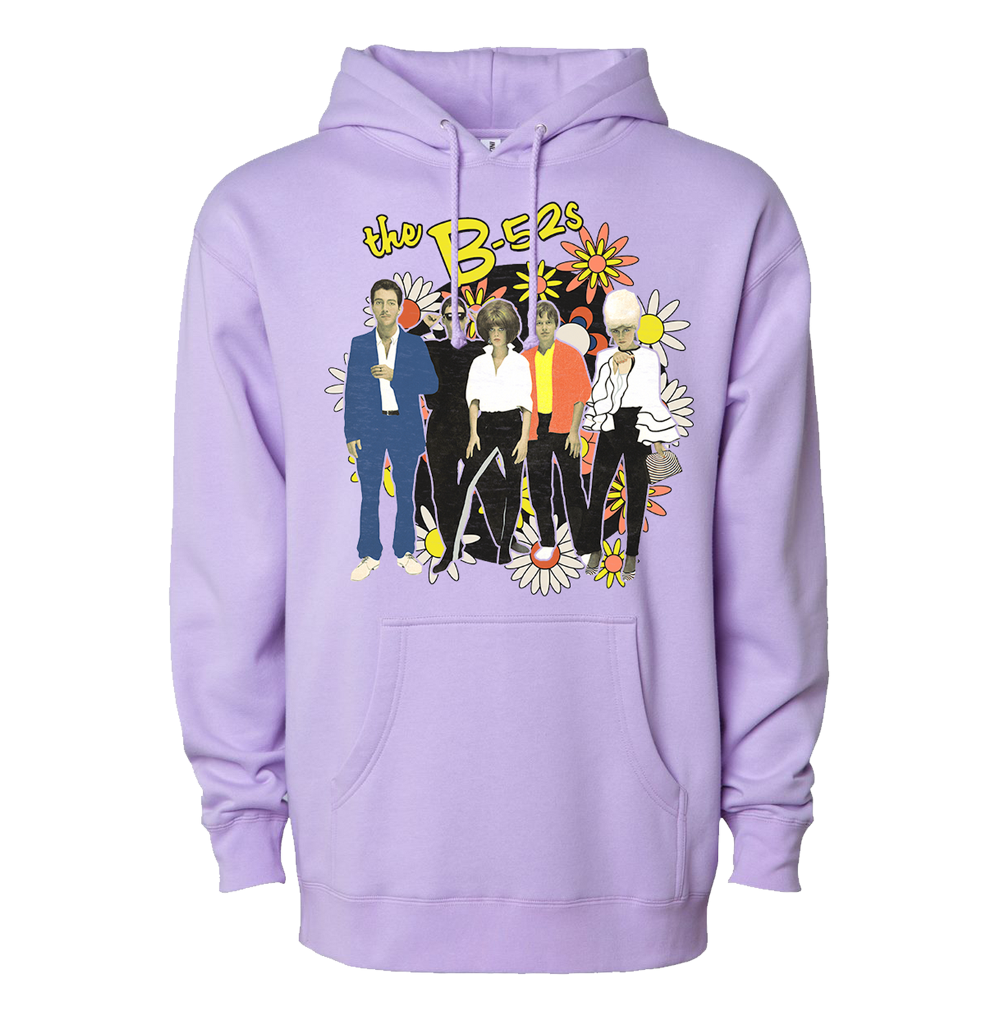 Lavender hoodie featuring a colorful graphic of ’The B-52’s’ band members surrounded by flowers.