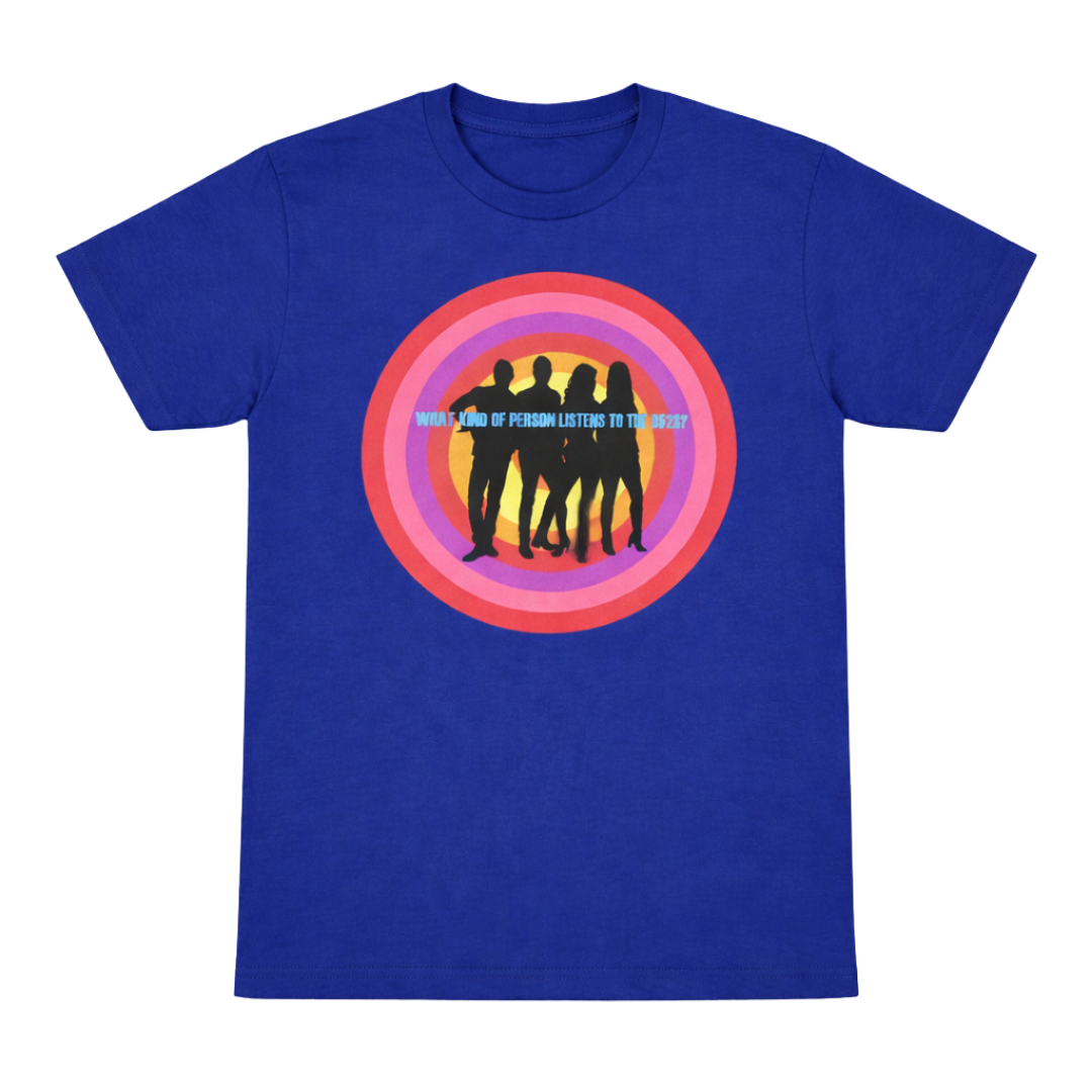Royal blue cotton person blue t-shirt featuring vibrant circular graphic with four silhouettes and rainbow rings b-52s official