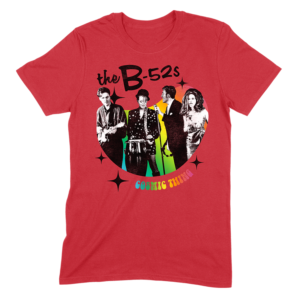 Red t-shirt featuring a graphic design of The B-52s band members and logo.