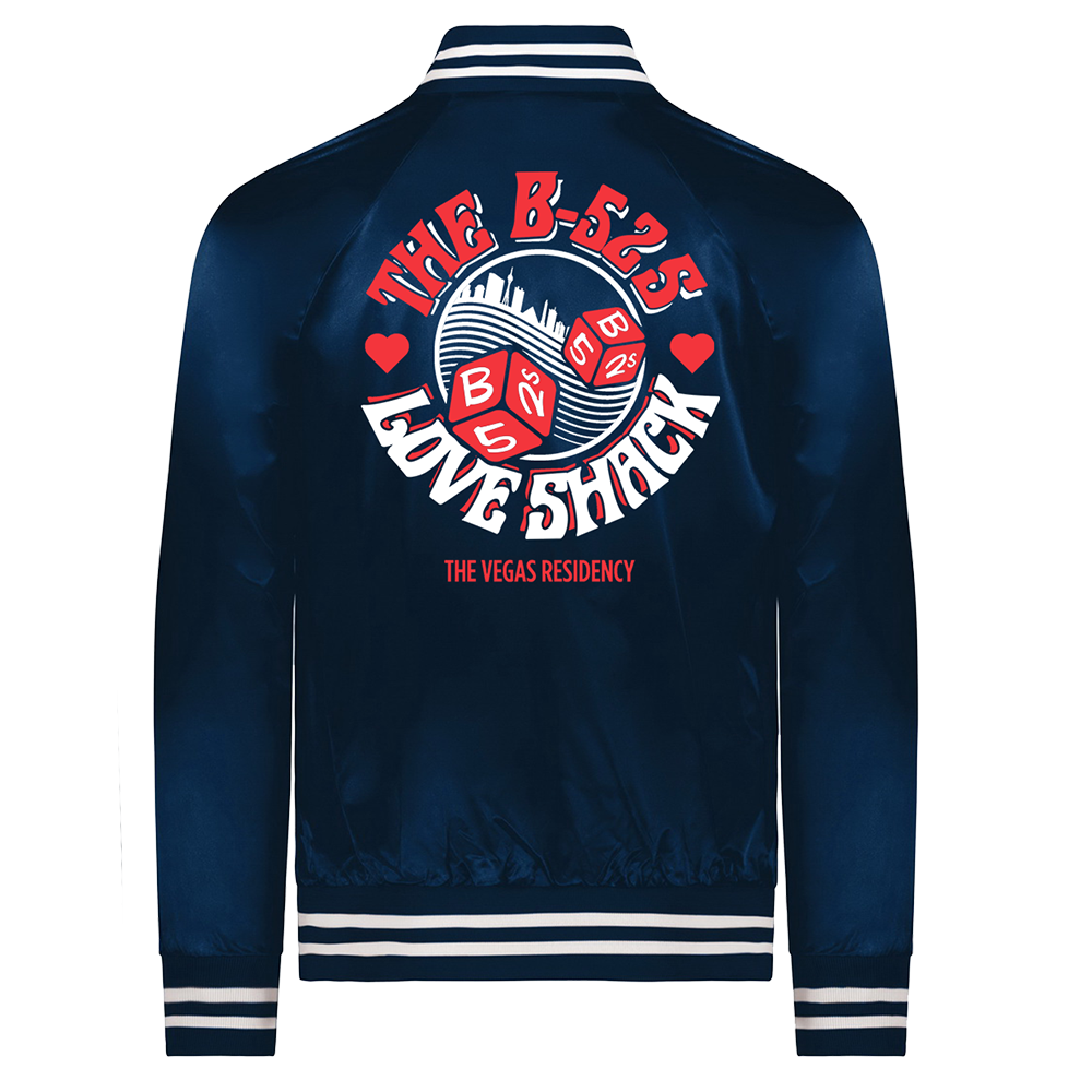 Navy blue bomber jacket with a colorful ’The B-52’s Love Shack’ logo on the back.