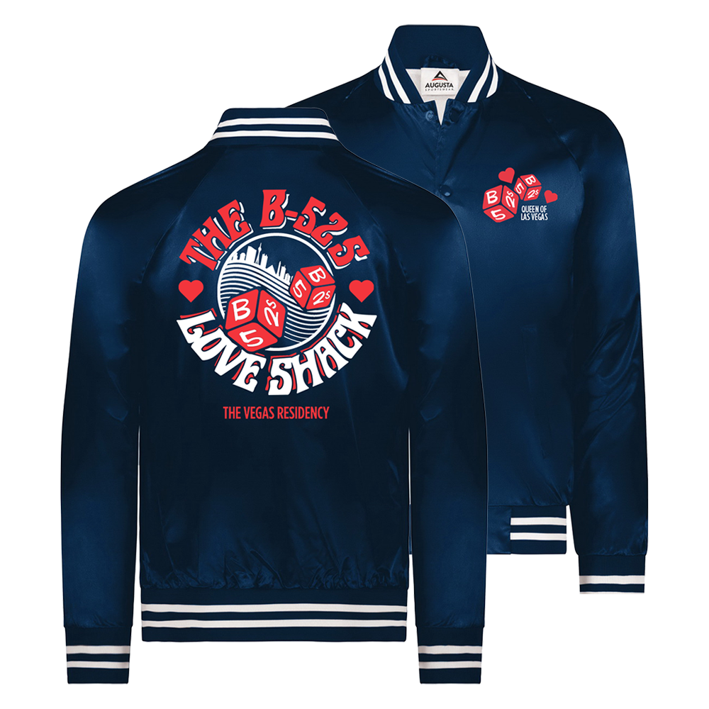 Navy blue bomber jacket with ’The B-52’s Love Shack’ logo and Vegas residency design on the back.