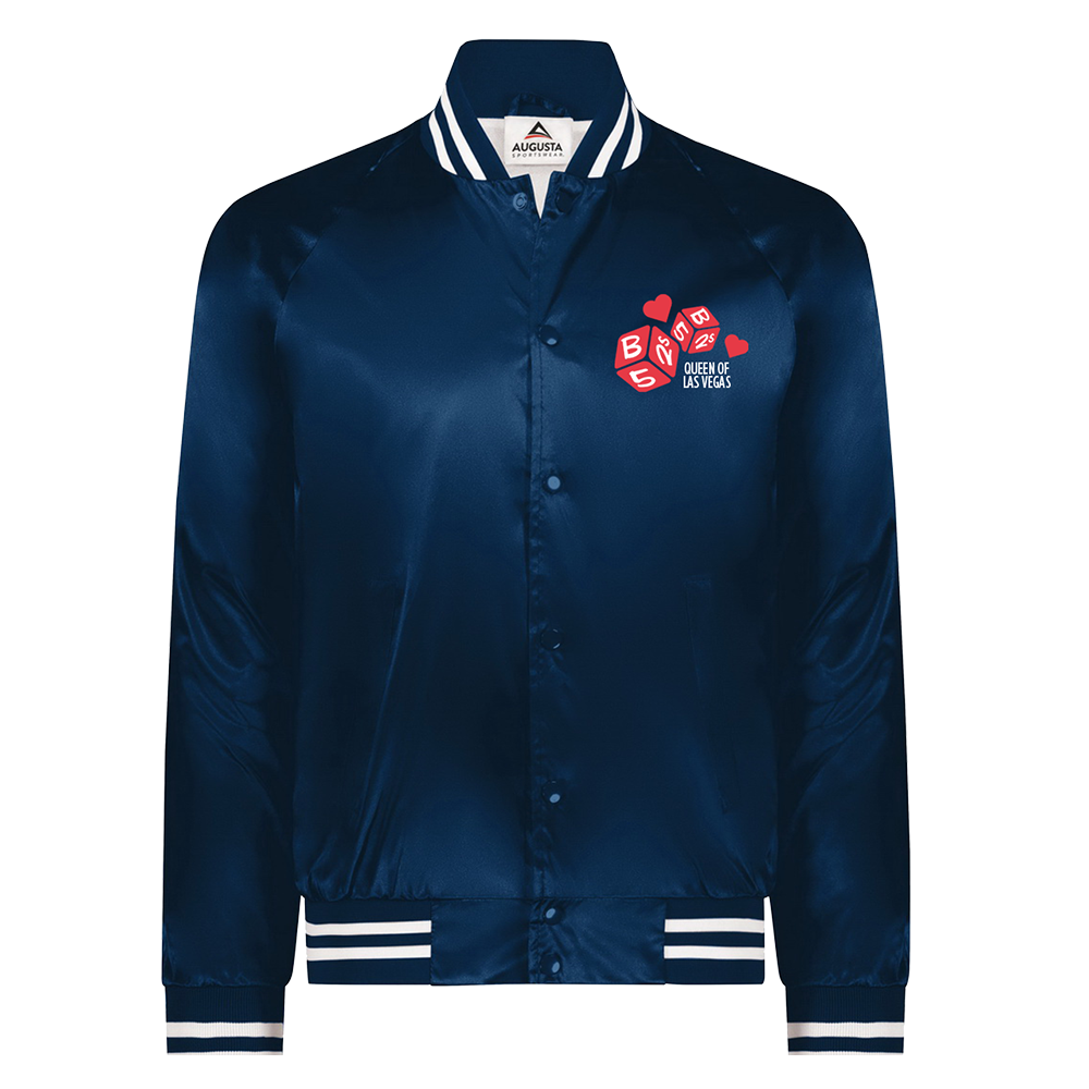 Navy blue varsity-style jacket with a ’Queen of Las Vegas’ logo featuring dice and a heart.