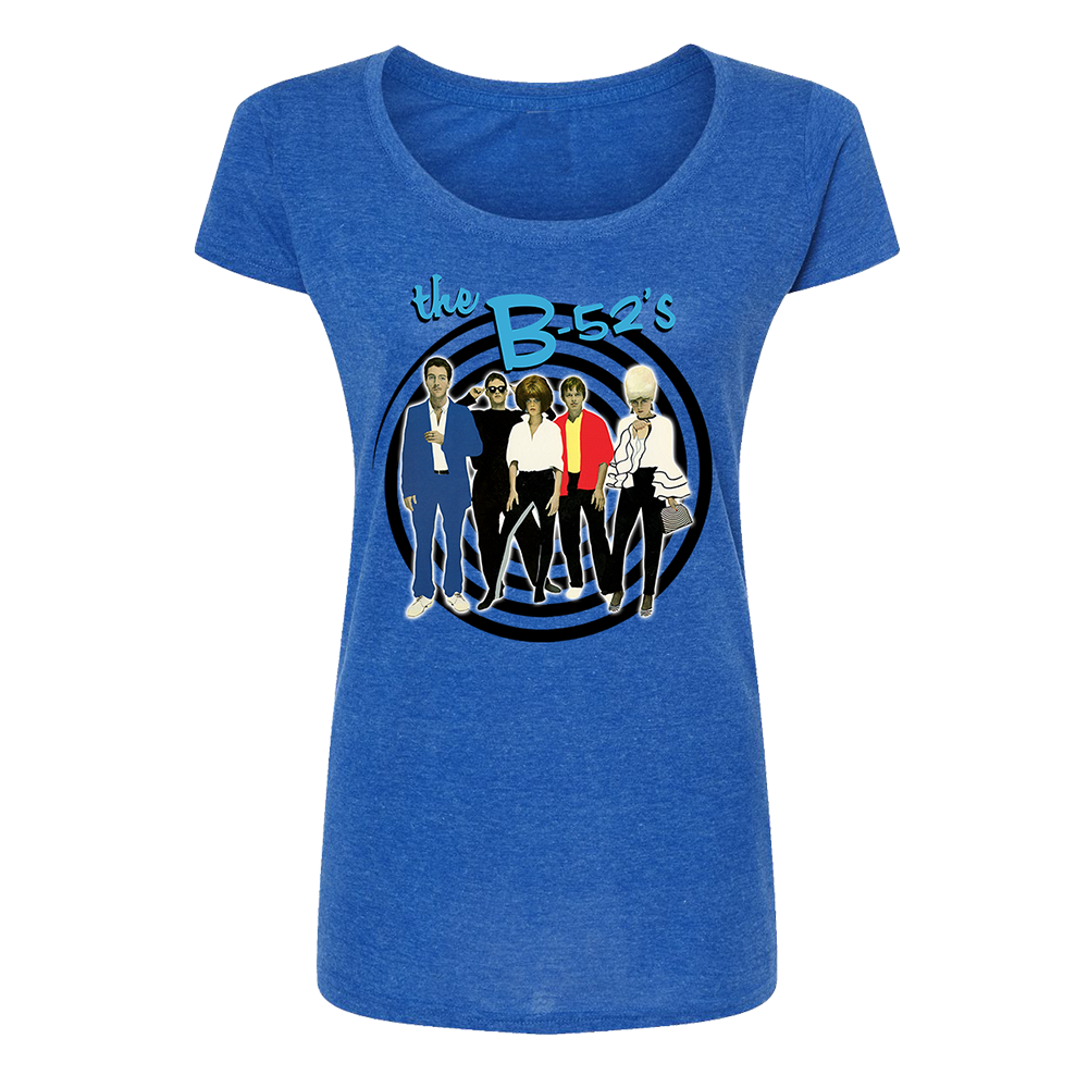 Blue women’s t-shirt featuring a graphic of The B-52’s band members.
