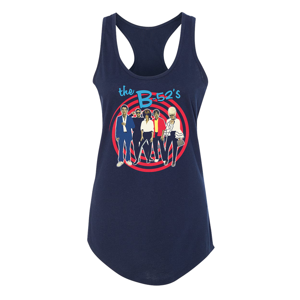 Navy blue women’s tank top featuring a graphic of ’The B-52’s’ band members in a circular design.
