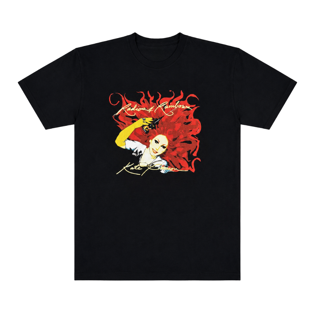 Black short-sleeved Radios & Rainbows t-shirt with vibrant kate bush graphic and radio 1 rainbow text from B-52s official merch