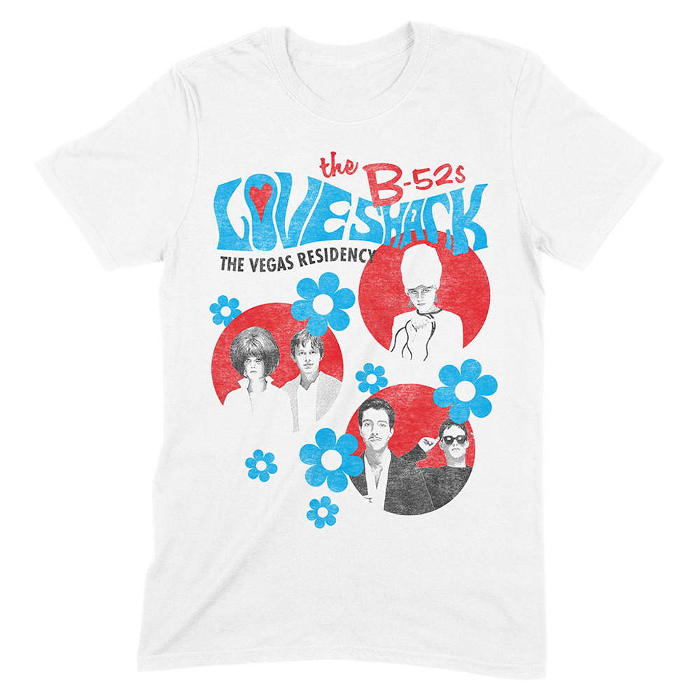 White t-shirt with a colorful retro-style band graphic for ’The B-52’s Love Shack’ Vegas residency.