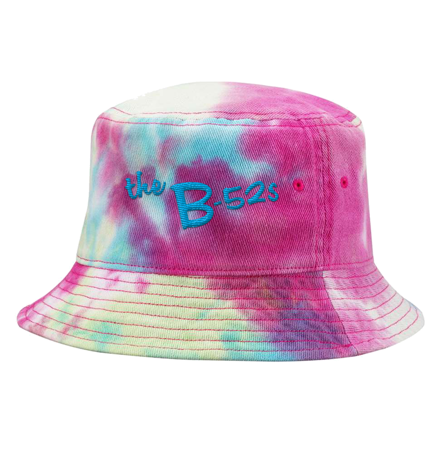 Tie-dye bucket hat with ’the B-52’s’ embroidered in blue.