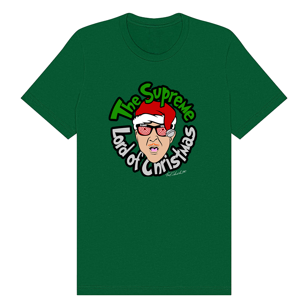 Green fred t shirt with cartoon man in santa hat and sunglasses and the supreme lord of christmas text from the b 52s official store