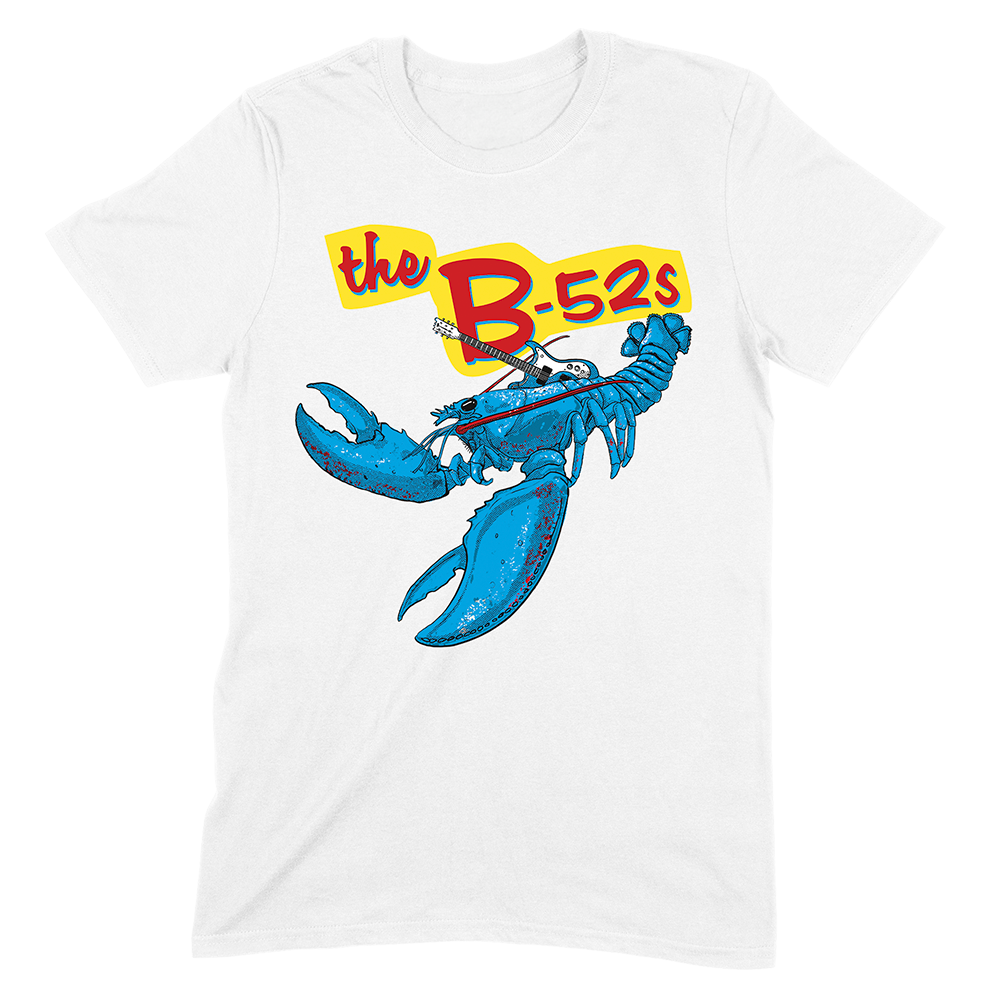 White t-shirt featuring a colorful graphic of a blue lobster and ’the B-52s’ text.