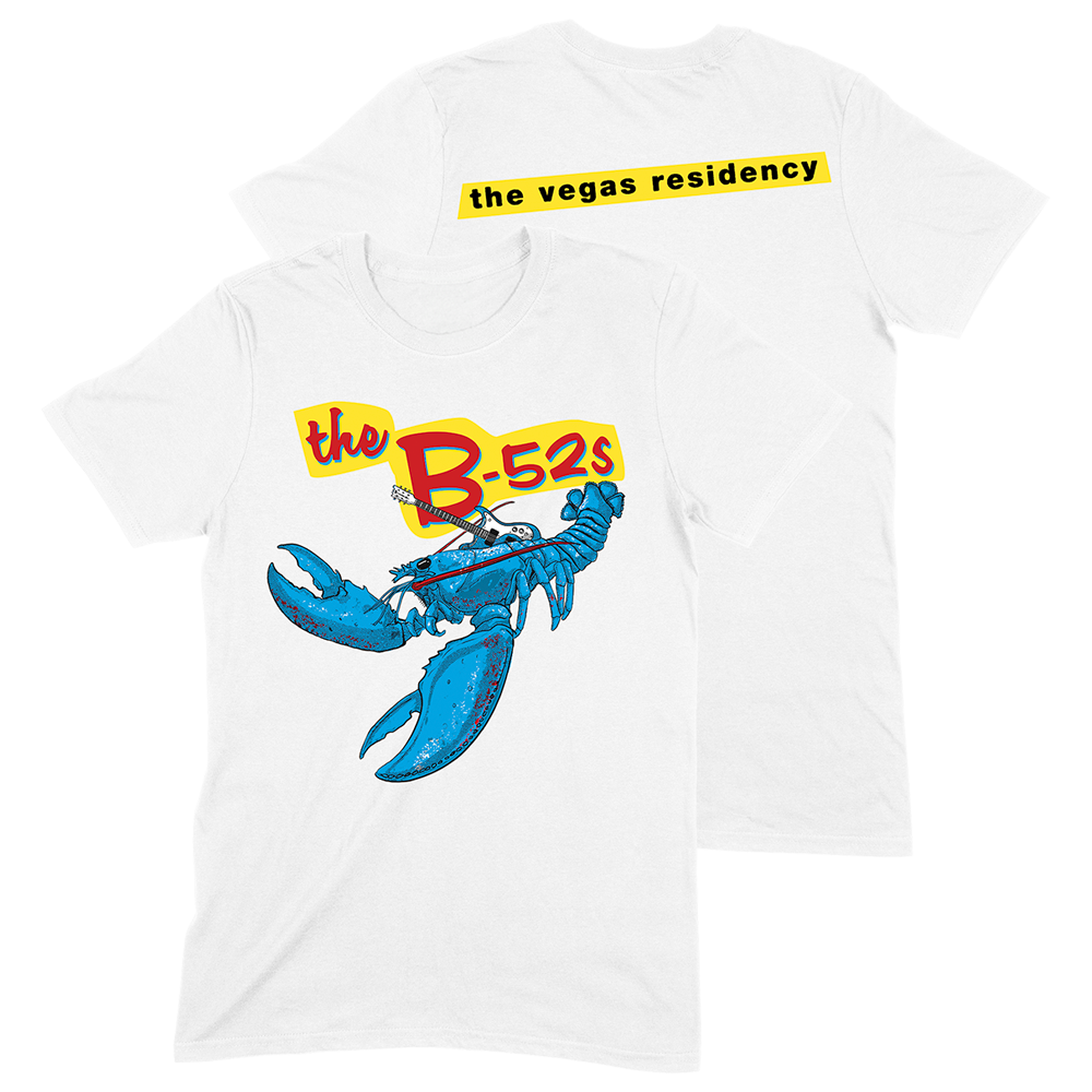 White t-shirt featuring a blue lobster graphic and ’the B-52s’ text with ’the vegas residency’ above.