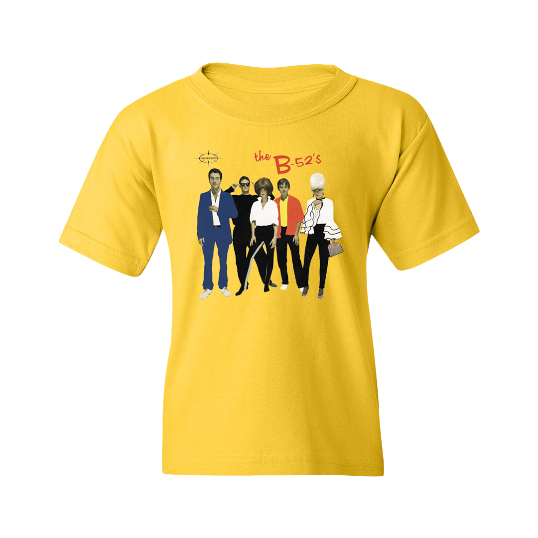 Yellow t-shirt featuring a graphic of the B-52’s band members and logo.