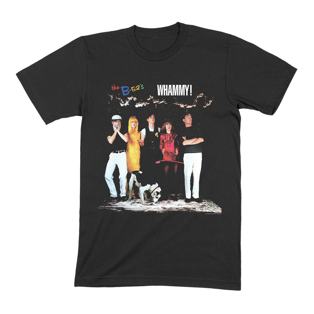 Black t-shirt featuring a graphic of The B-52’s band members and their ’Whammy!’ album title.