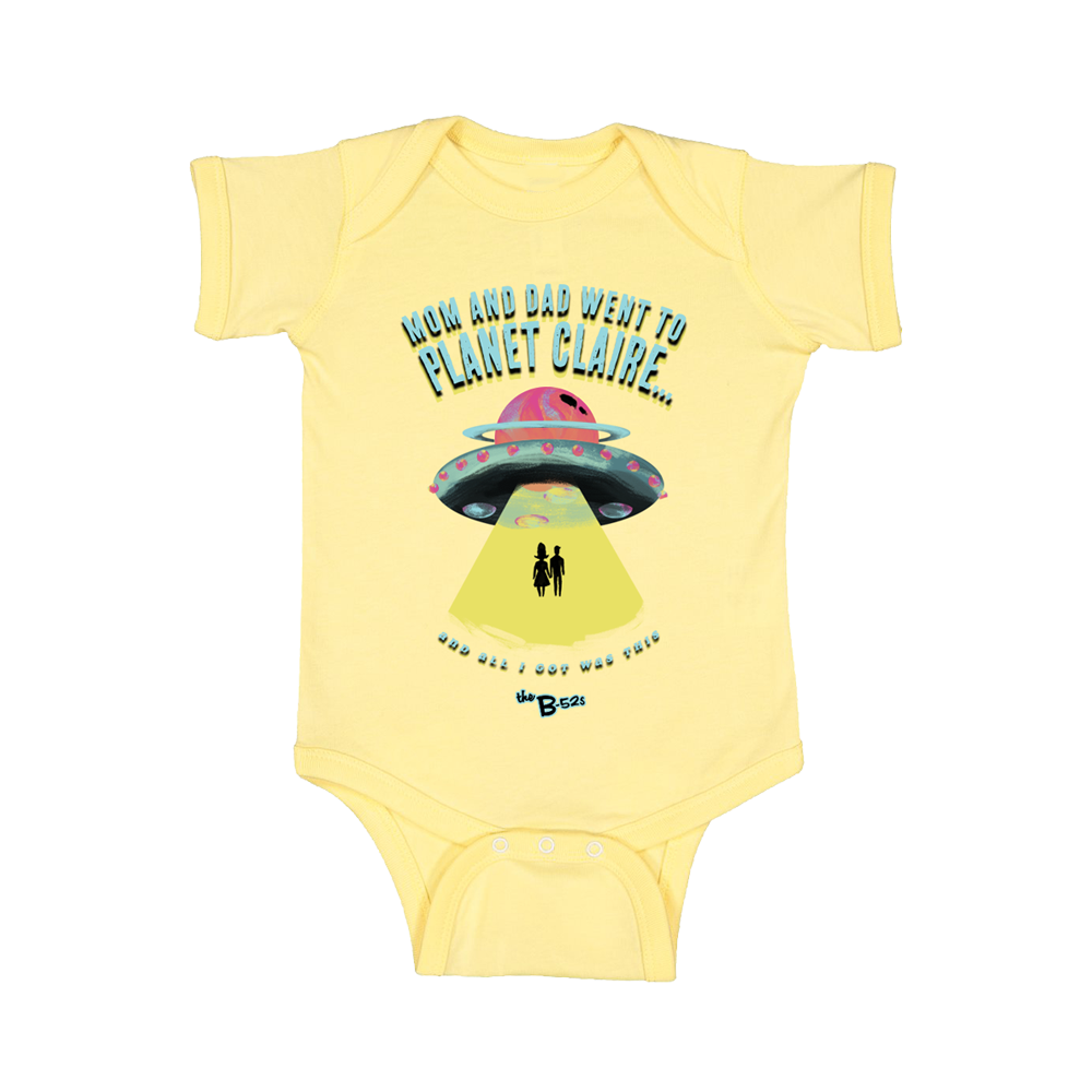 Yellow baby onesie with a UFO and text design on the front.