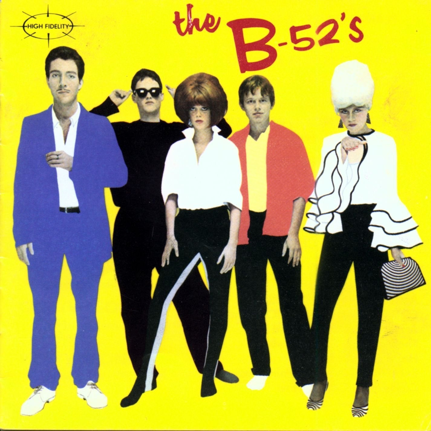 Album cover for a band called ’The B-52’s’ featuring five colorfully dressed people posing together.