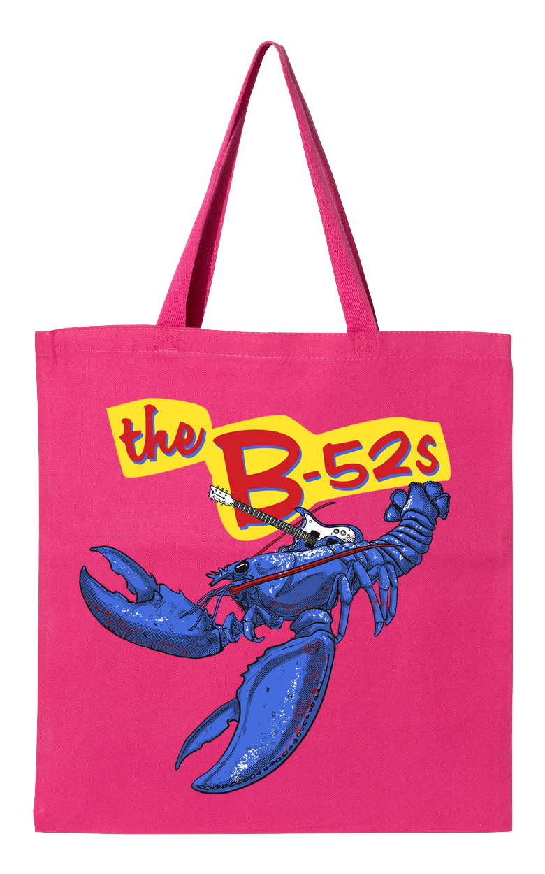Bright pink tote bag featuring a blue lobster graphic and ’the B-52s’ text.