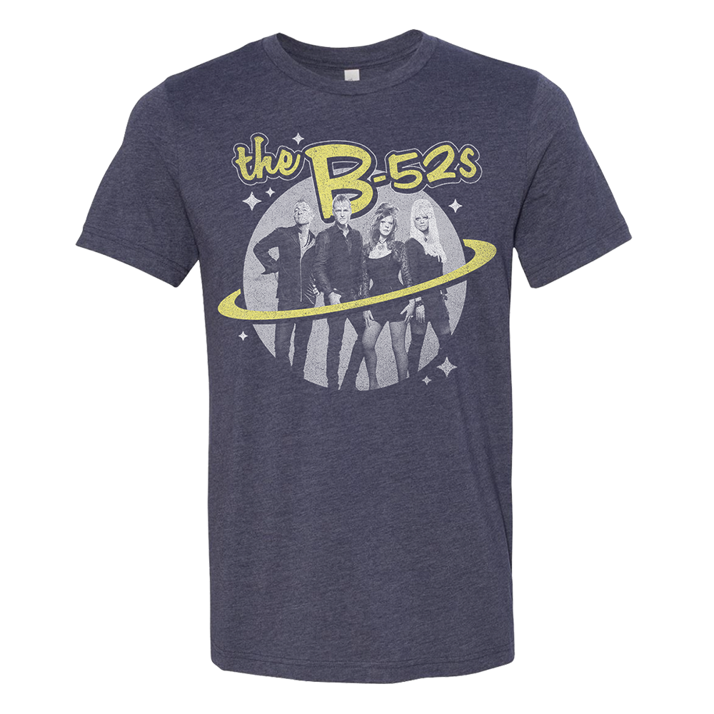 Navy blue t-shirt featuring a retro-style graphic design of ’The B-52s’ band.