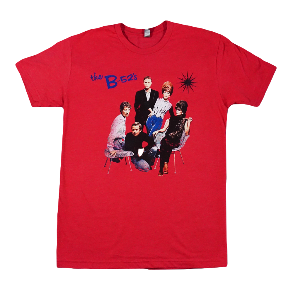 Red t-shirt featuring a graphic of The B-52’s band members.
