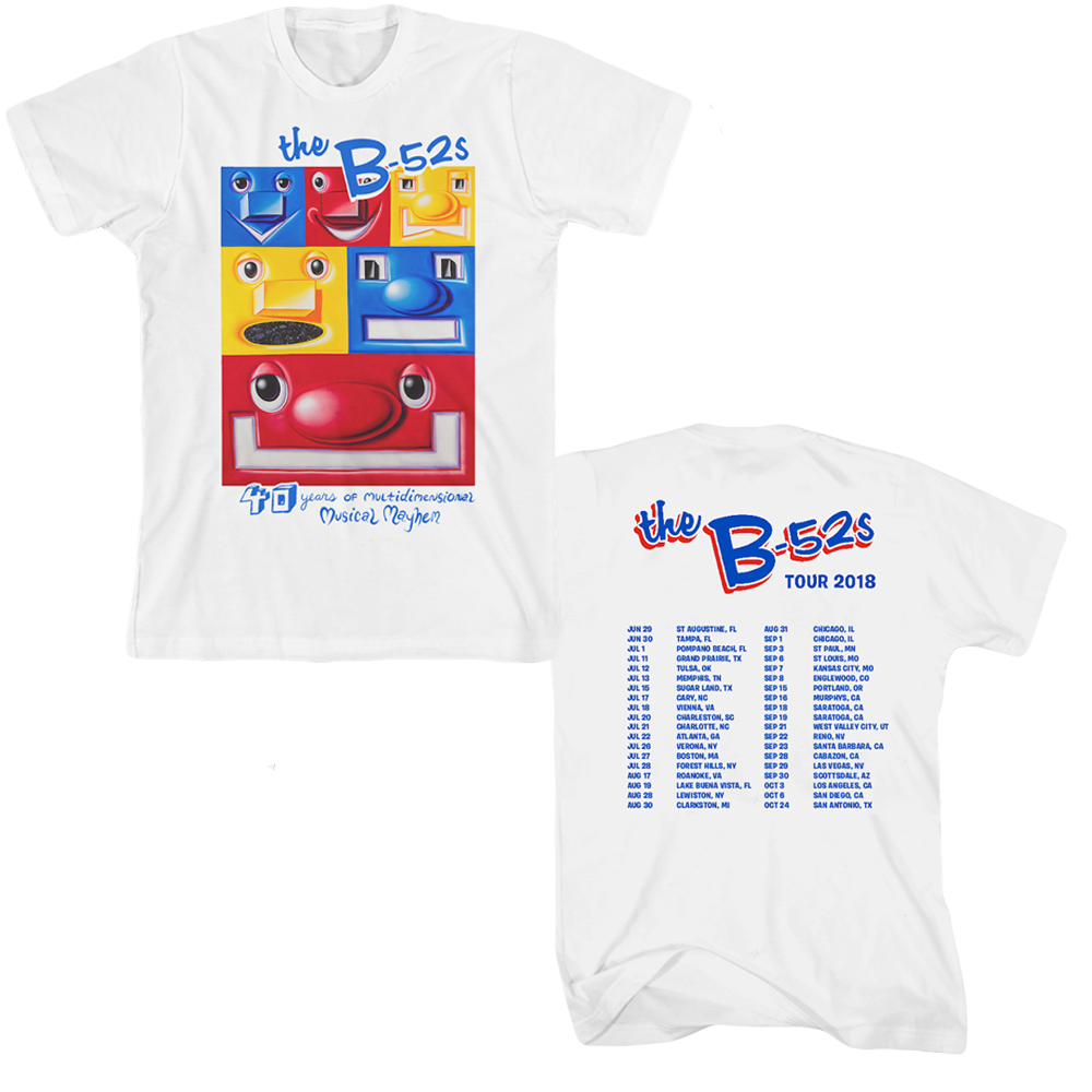 White t-shirt with colorful cartoon faces and tour dates printed on it.