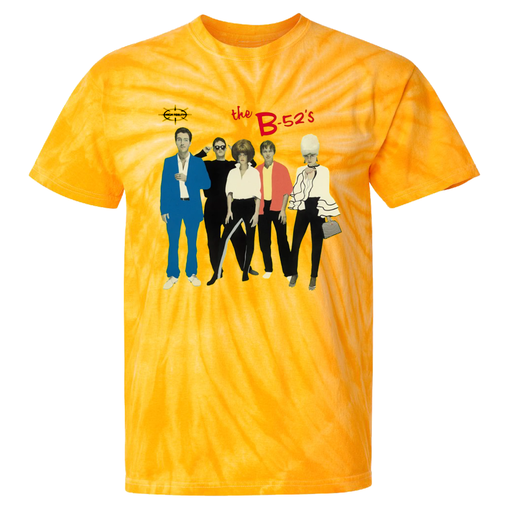 Bright yellow t-shirt featuring a graphic of the B-52’s band members and logo.