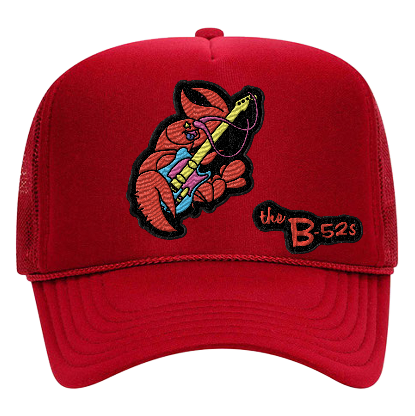 Red trucker-style cap featuring a cartoon lobster playing a guitar and ’the B-52s’ logo.