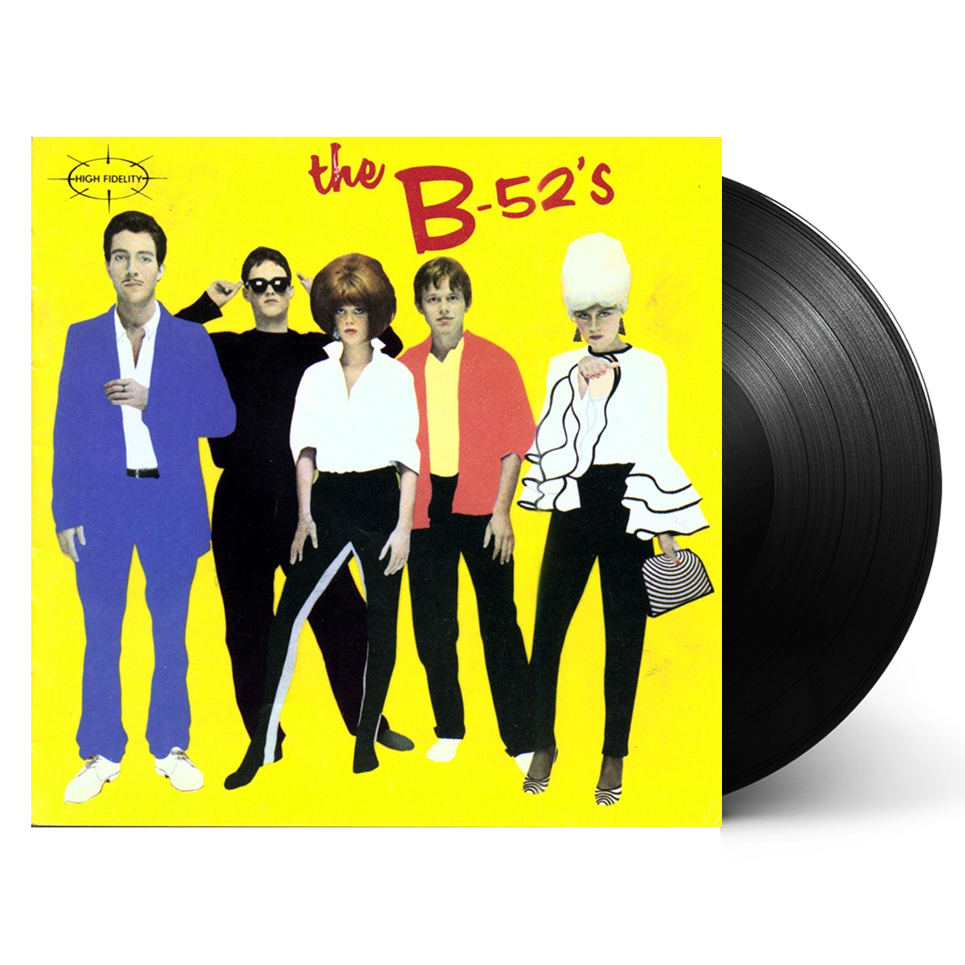 Album cover for ’The B-52’s’ featuring five stylized figures against a bright yellow background.