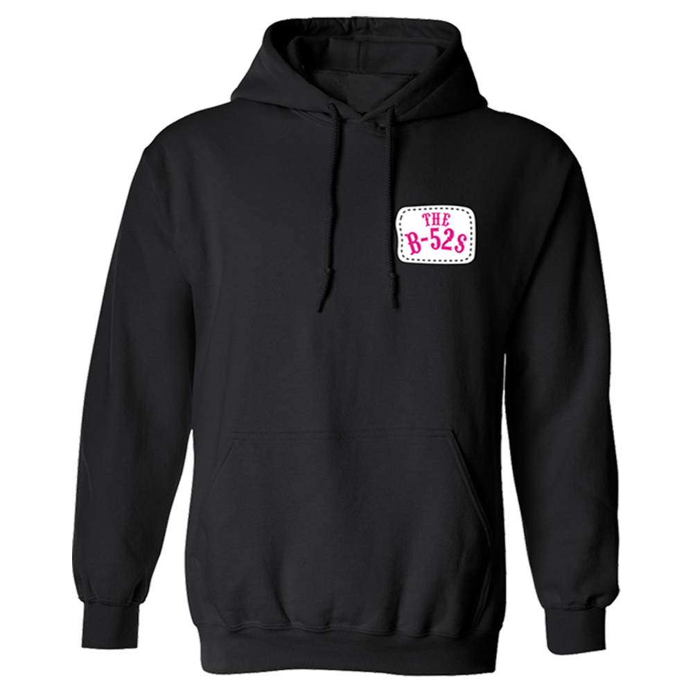 Black hoodie sweatshirt with a small ’The B-52s’ logo patch on the chest.