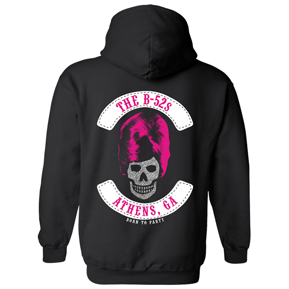 Black hoodie with a skull and pink hair design on the back, featuring text ’THE B-52s ATHENS, GA’ and ’BORN TO PARTY’.
