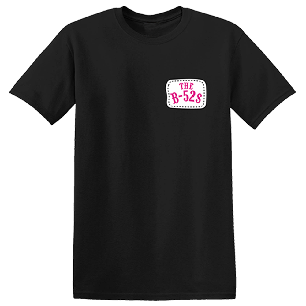 Black t-shirt with a small white and pink ’The B-52s’ logo on the chest.