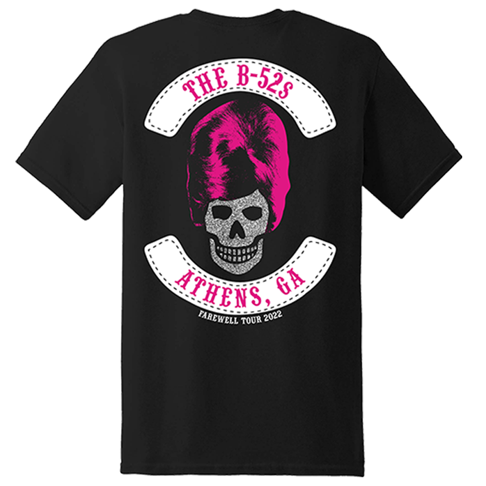 Black t-shirt featuring a skull with pink hair and text for ’The B-52s’ band farewell tour in Athens, GA.