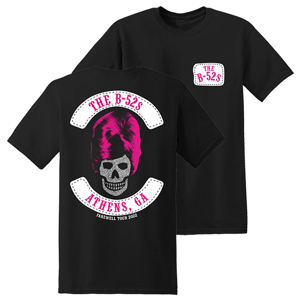 Black t-shirt with a skull logo and text for ’The B-52s’ band.
