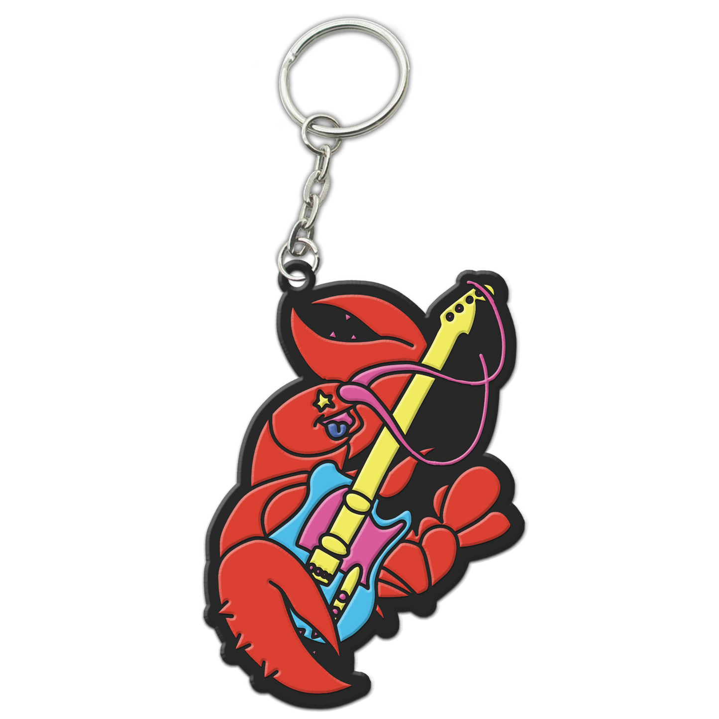 Colorful keychain featuring a cartoon lobster playing an electric guitar.