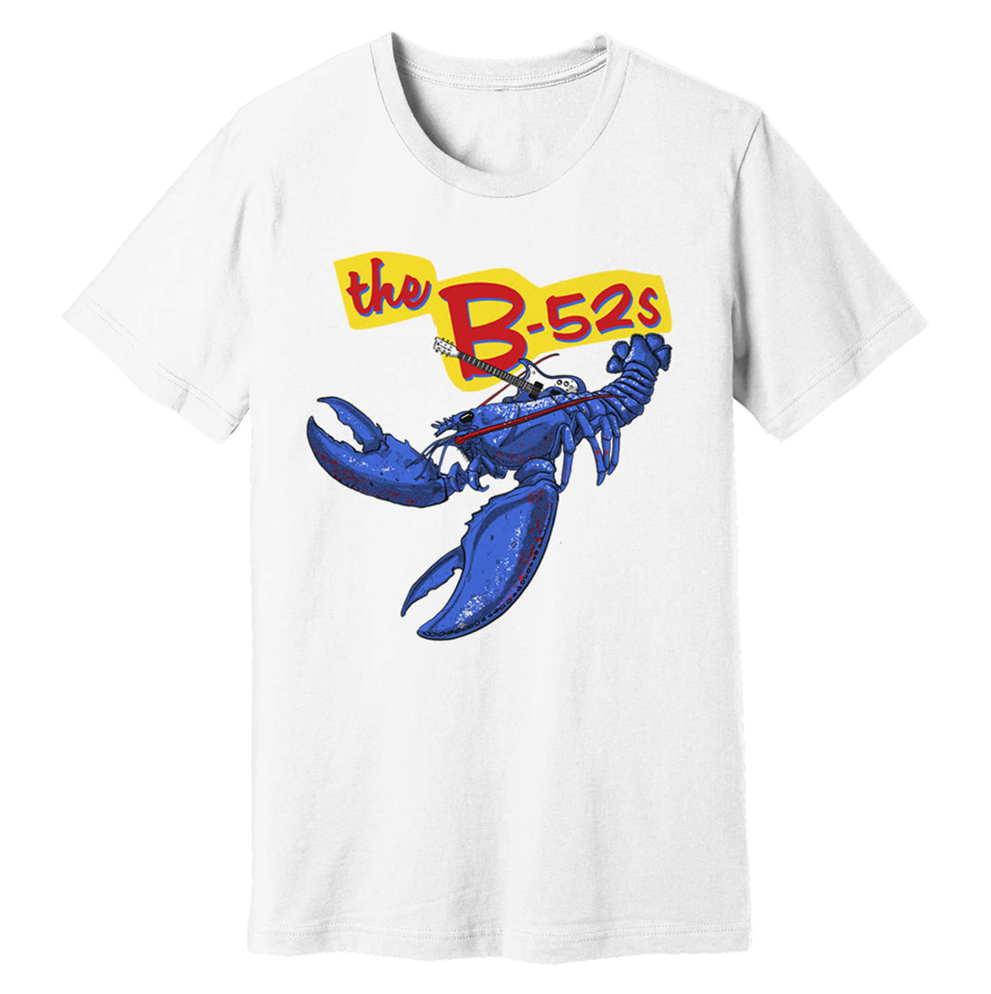 White t-shirt featuring a blue lobster graphic and ’the B-52’s’ text logo.