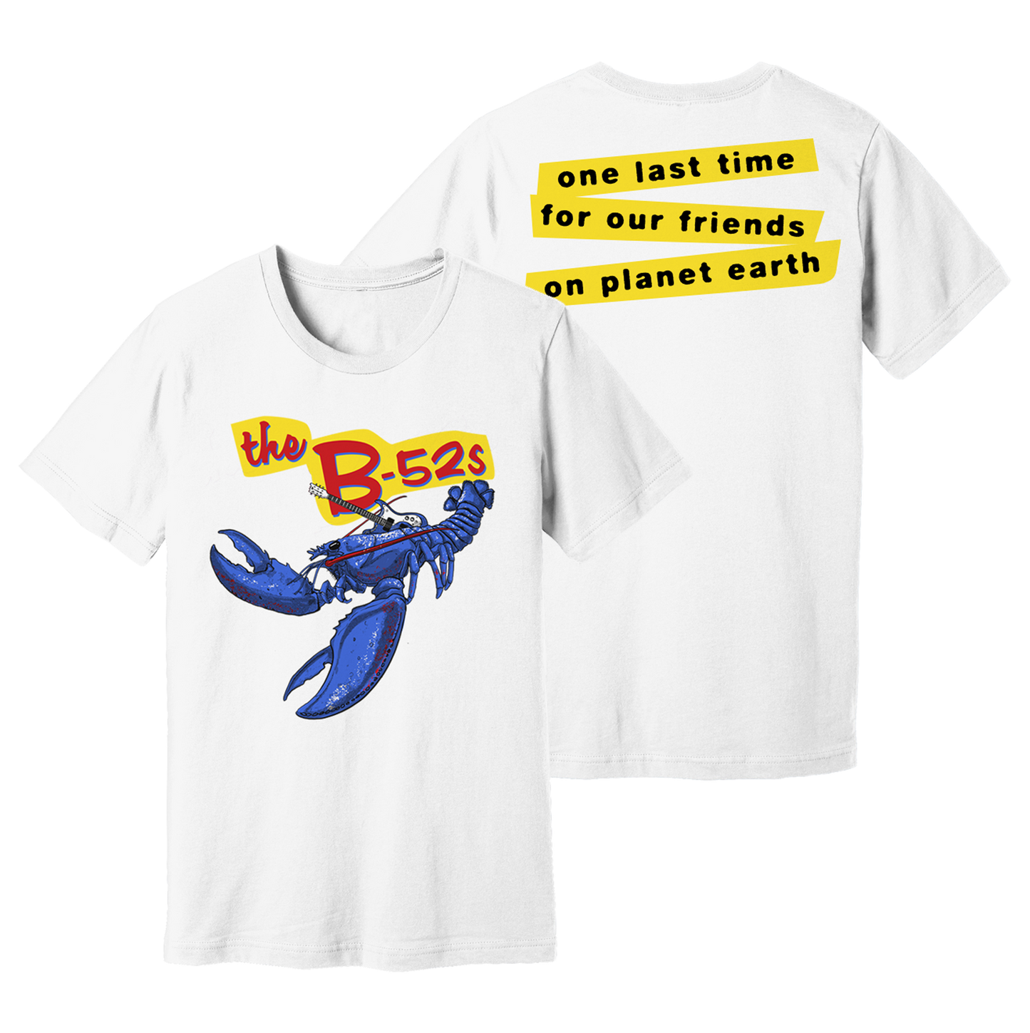 White t-shirt with a blue lobster graphic on the front and yellow text on the back.