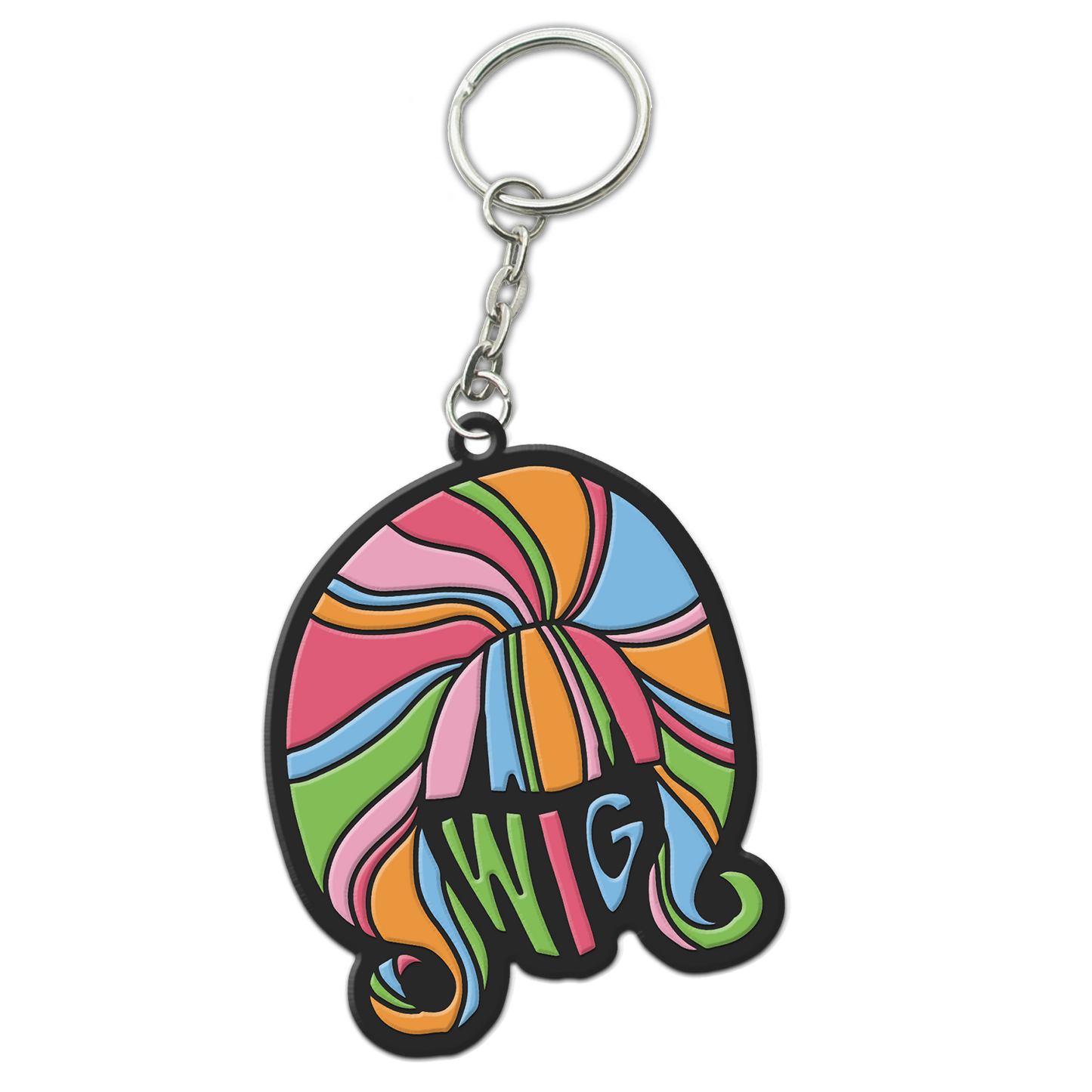 Colorful, swirled wig-shaped keychain with ’WIG’ written in the center.