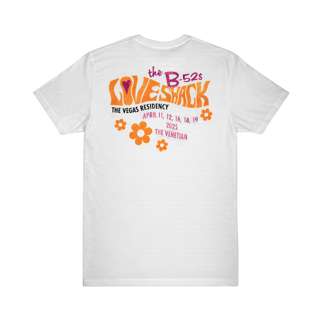 White cotton t-shirt with vibrant orange pink floral graphic for b-52s loveshack las vegas residency 2025