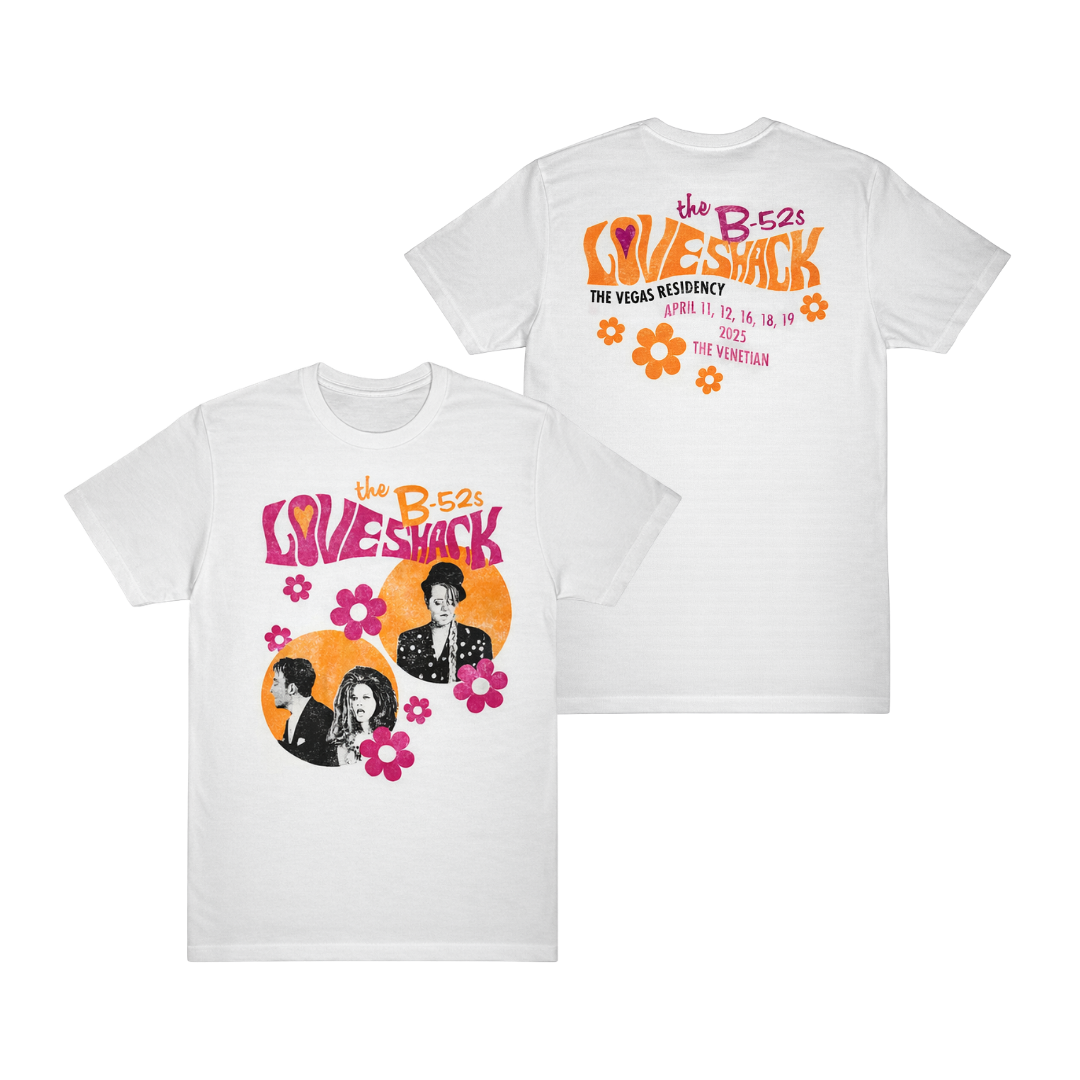 White cotton t-shirt featuring a vibrant b-52s graphic with pink and orange florals for las vegas residency 2025