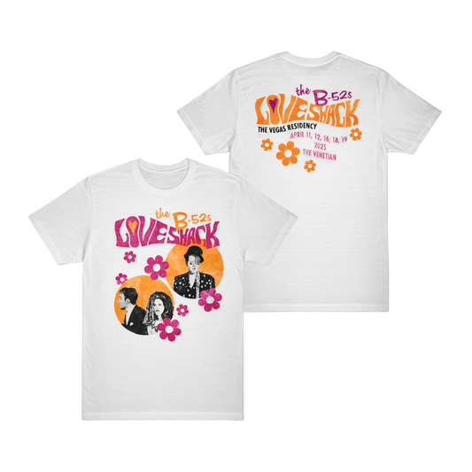 White cotton t-shirt featuring a vibrant b-52s graphic with pink and orange florals for las vegas residency 2025