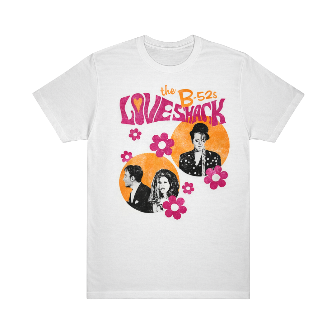 White cotton t-shirt featuring the b-52s graphic with pink flowers and orange circles for las vegas residency 2025