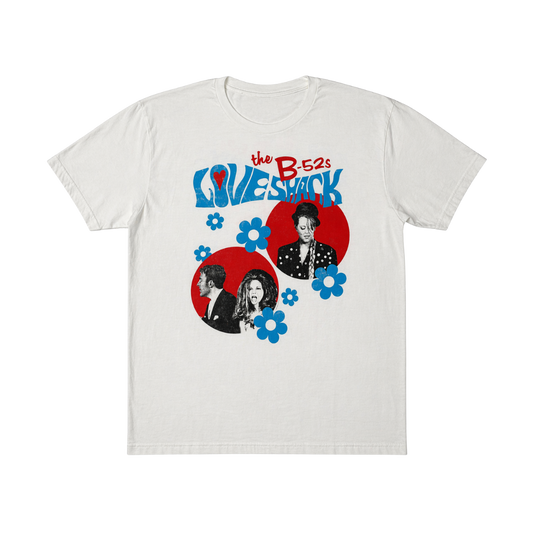 White cotton flower vegas tour tee featuring a vibrant b-52s graphic with blue flowers and red circular backgrounds