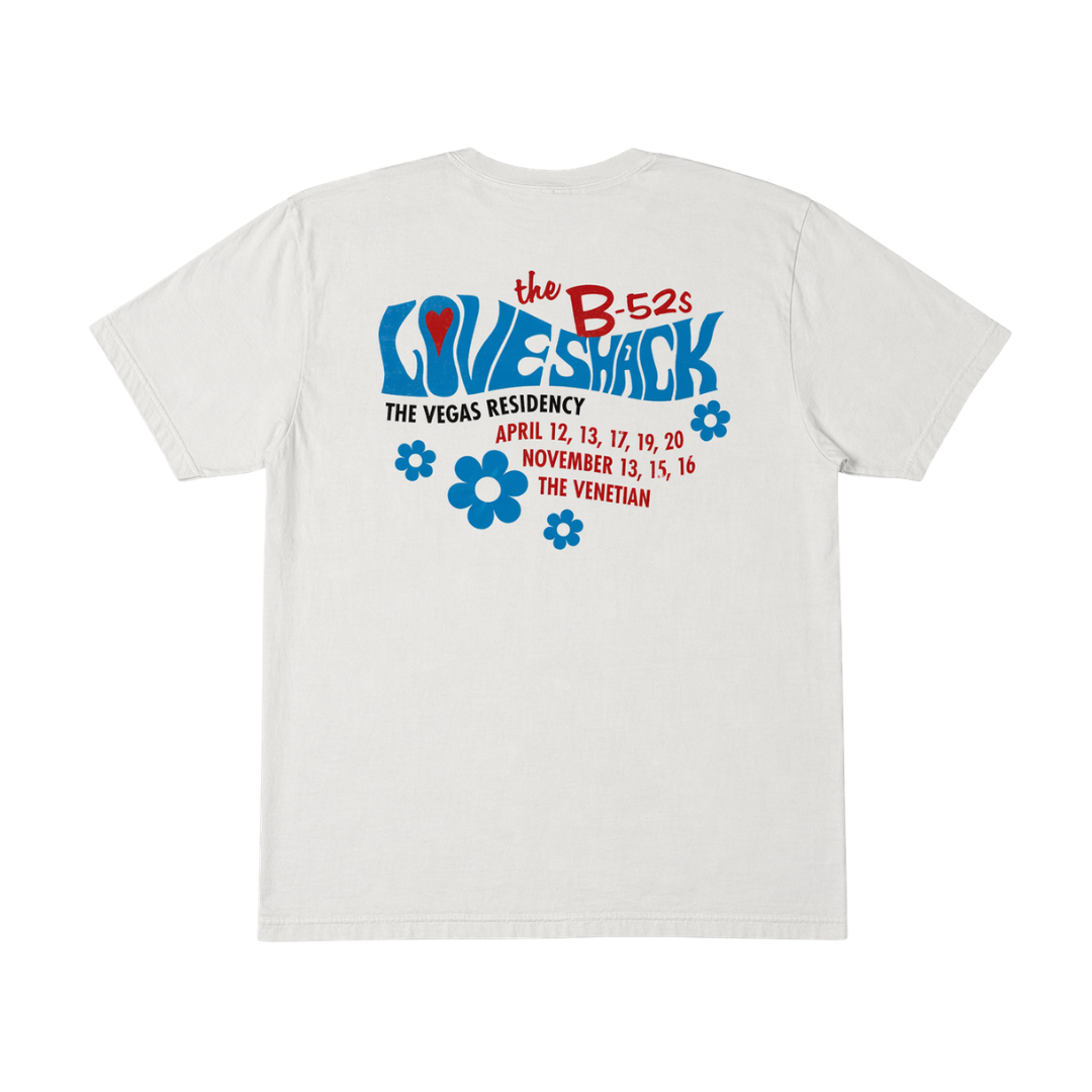 White cotton flower vegas tour tee with retro the b-52s graphic in blue red and floral accents