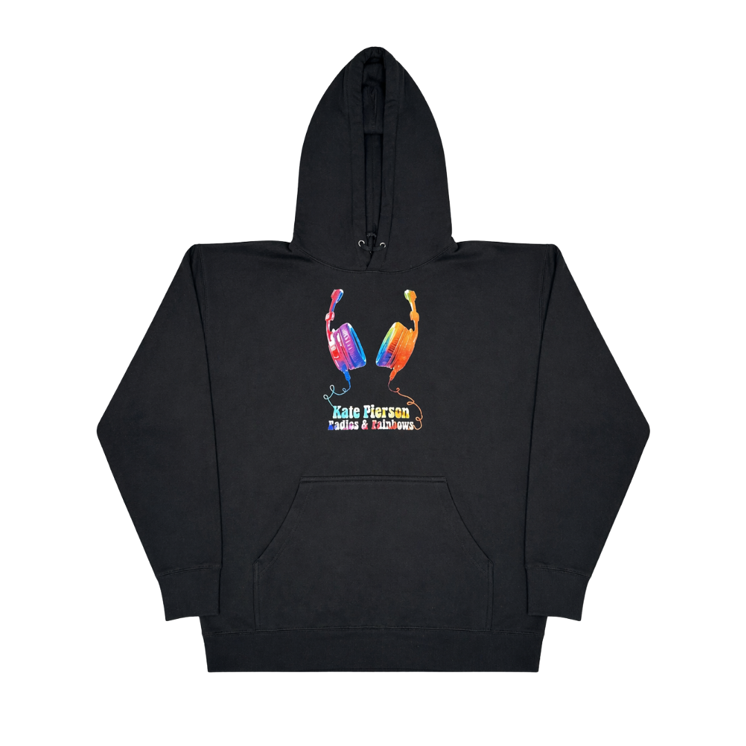 Black headphones hoodie featuring a vibrant rainbow headphones graphic and kate pierson radies and rainbows text from the b-52s official store