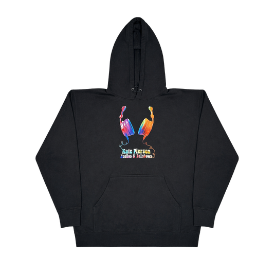 Black headphones hoodie featuring a vibrant rainbow headphones graphic and kate pierson radies and rainbows text from the b-52s official store