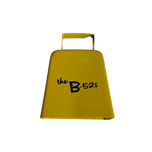 Bright yellow metal logo cowbell with the b-52s printed in black script from b-52s official merch