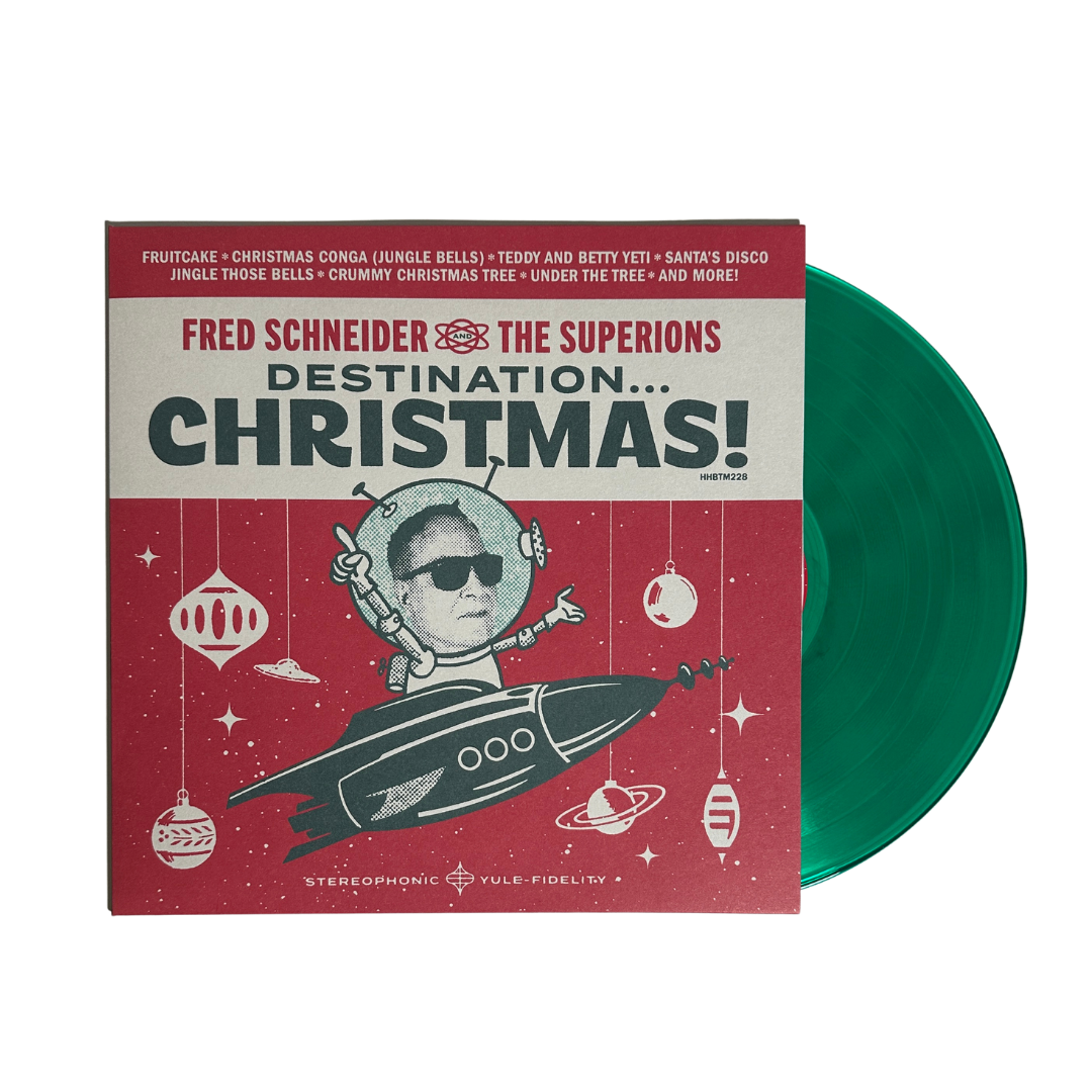 Green vinyl record of destination christmas with fred schneider in a space-themed design from the b-52s official store