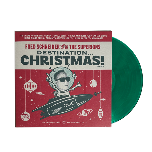Green vinyl record of destination christmas with fred schneider in a space-themed design from the b-52s official store