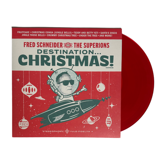 Red vinyl record with festive retro space themed album cover for destination christmas b52s official merch