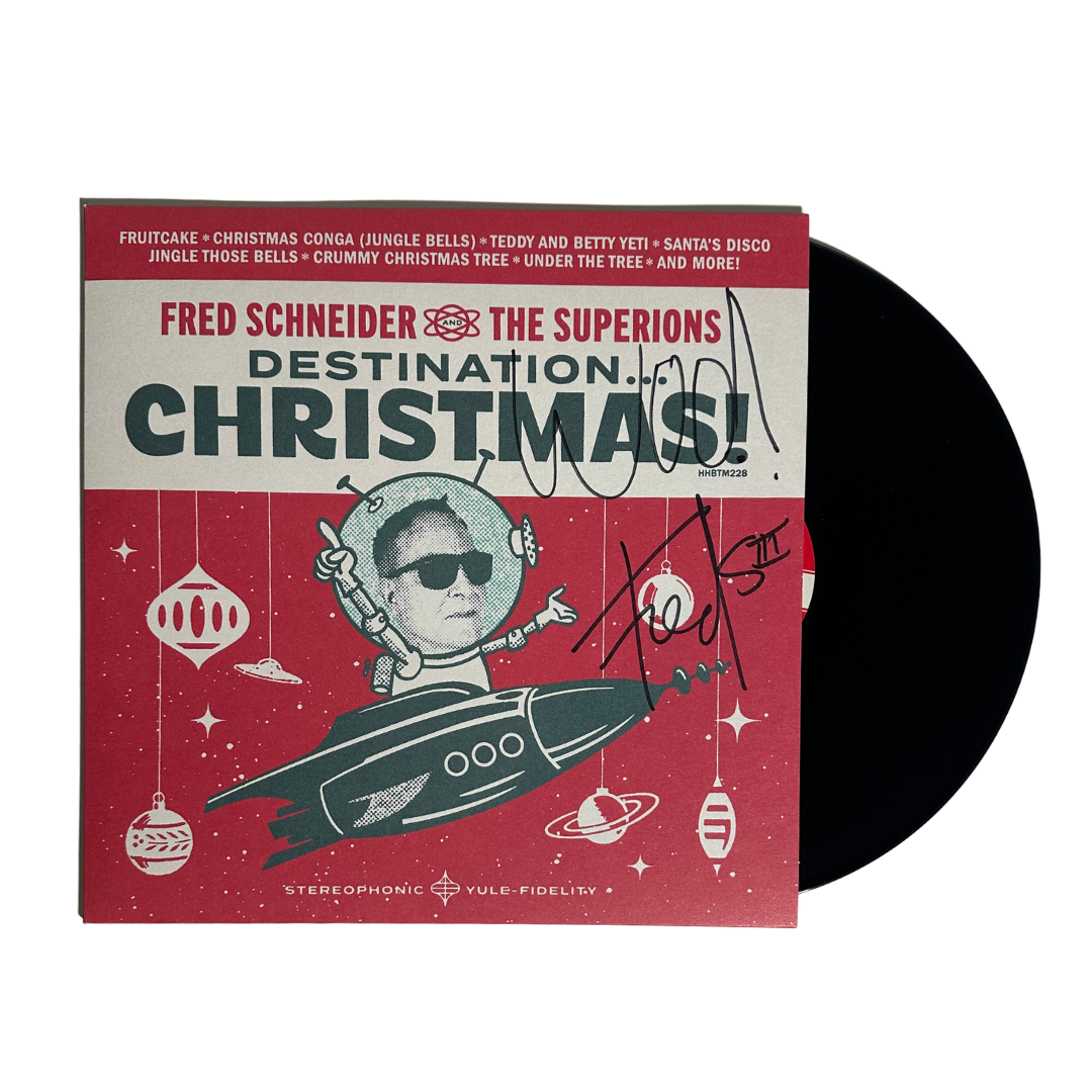 Red vinyl record sleeve for fred schneider and the superions destination christmas black vinyl from the b-52s official store