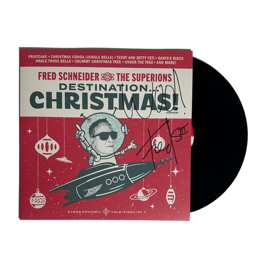 Red vinyl record sleeve for fred schneider and the superions destination christmas black vinyl from the b-52s official store
