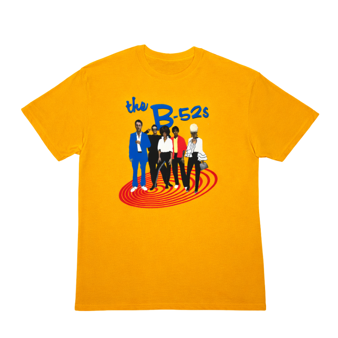 Vibrant yellow cotton gold swirl tee with bold b-52s graphic and red concentric circles beneath in stylized illustration