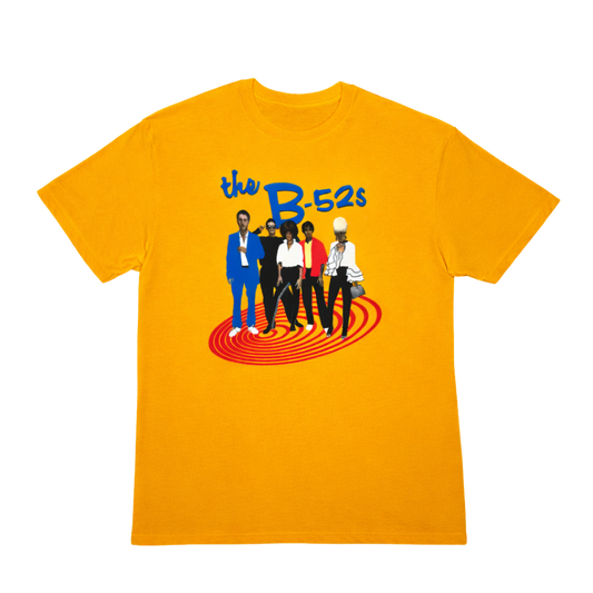 Vibrant yellow cotton gold swirl tee with bold b-52s graphic and red concentric circles beneath in stylized illustration